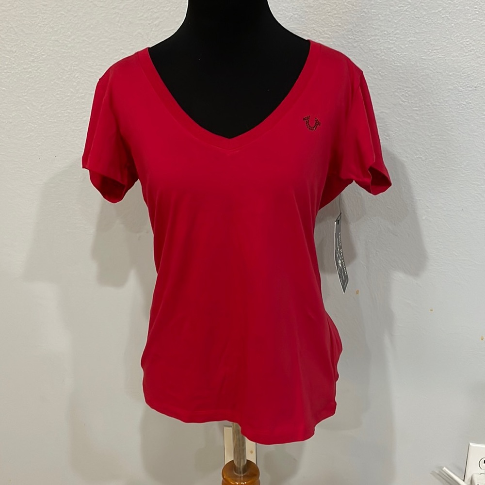 True Religion Buddha Crystal Logo Deep V Red T-Shirt Size M
